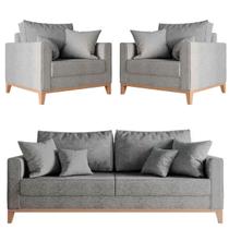 Kit Sofá 3 Lugares e 2 Poltronas Beny Base em Madeira Maciça Linho Cinza Kimi Design