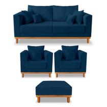 Kit Sofá 3 Lugares e 2 Poltronas Beny + Puff Isa Linho Azul