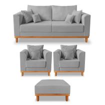 Kit Sofá 3 Lugares e 2 Poltronas Beny + Puff Isa Linho Cinza