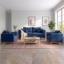 Kit Sofá 3 Lugares e 2 Poltronas Beny Recepção Sala de Estar Suede Azul