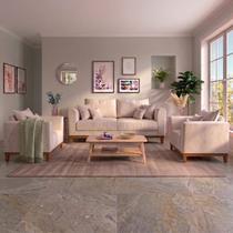 Kit Sofá 3 Lugares e 2 Poltronas Beny Recepção Sala de Estar Suede Bege