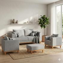 Kit Sofá 3 Lugares e 2 Poltronas Beny Recepção Sala Estar com Puff Isa Linho Cinza
