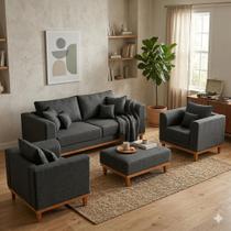 Kit Sofá 3 Lugares e 2 Poltronas Beny Recepção Sala Estar com Puff Isa Linho Grafite