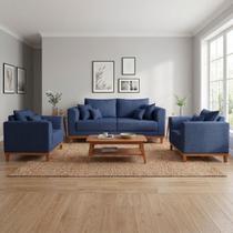 Kit Sofá 3 Lugares e 2 Poltronas Beny Recepção Sala Estar Linho Azul