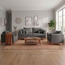 Kit Sofá 3 Lugares e 2 Poltronas Beny Recepção Sala Estar Linho Grafite