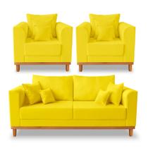 Kit Sofá 3 Lugares e 2 Poltronas Beny Viena Com Almofadas Decorativa Suede Amarelo - Madeira Prima Deccor