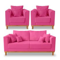 Kit Sofá 3 Lugares e 2 Poltronas Beny Viena Com Almofadas Decorativa Suede Pink - Madeira Prima Deccor