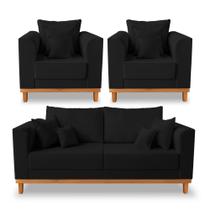 Kit Sofá 3 Lugares e 2 Poltronas Beny Viena Com Almofadas Decorativa Suede Preto - Madeira Prima Deccor