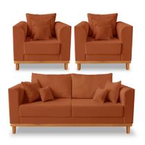 Kit Sofá 3 Lugares e 2 Poltronas Beny Viena Com Almofadas Decorativa Suede Terracota - Madeira Prima Deccor