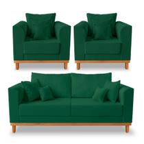 Kit Sofá 3 Lugares e 2 Poltronas Beny Viena Com Almofadas Decorativa Suede Verde - Madeira Prima Deccor