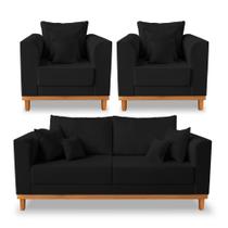 Kit Sofá 3 Lugares e 2 Poltronas Beny Viena Para Sala de Estar Suede Preto - Madeira Prima Deccor