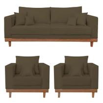 Kit Sofá 3 Lugares E 2 Poltronas Living Suede Marrom Balaqui Decor