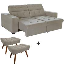 Kit Sofá 3 Lugares New Itália 210cm Bege Retrátil Reclinável, com 2 Puffs pés Palito - Sofá na Web Kit Sofá 3 Lugares New Itália 210cm Bege Retrátil Reclinável, com 2 Puffs pés Palito - Sofá na Web