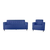 Kit Sofa 3 Lugares + Poltrona Elegance Suede Azul Marinho - Lares Decor