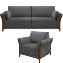 Kit Sofá 3 Lugares Sala Estar 222 Com Poltrona Stefan Pés Madeira M03 Linho Chumbo - Lyam Decor Kit Sofá 3 Lugares Sala Estar 222 Com Poltrona Stefan Pés Madeira M03 Linho Chumbo - Lyam Decor