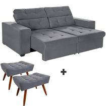 Kit Sofá 4 Lugares New Itália 270cm Cinza Retrátil Reclinável, com 2 Puffs pés Palito - Sofá na Web