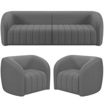 Kit Sofá 4 Lugares Para Sala 252cm Com 02 Poltronas Lazio M03 Veludo Cinza - Lyam Decor