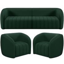 Kit Sofá 4 Lugares Para Sala 252cm com 02 Poltronas Lazio M03 Veludo Verde - Lyam Decor