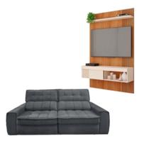 Kit Sofá América 3 Lugares Com Painel Jade Caemmun Freijo/off White/cinza