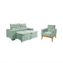 Kit Sofá Bari Retrátil Reclinável 1,90m Pillow + Poltrona Florença Espuma Premium - Acqua Veludo