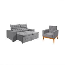 Kit Sofá Bari Retrátil Reclinável 1,90m Pillow + Poltrona Florença Espuma Premium - Cinza Veludo