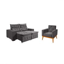 Kit Sofá Bari Retrátil Reclinável 1,90m Pillow + Poltrona Florença Espuma Premium - Grafite Veludo Kit Sofá Bari Retrátil Reclinável 1,90m Pillow + Poltrona Florença Espuma Premium - Grafite Veludo