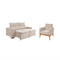 Kit Sofá Bari Retrátil Reclinável 1,90m Pillow + Poltrona Florença Espuma Premium - Marfim Veludo