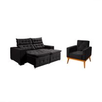 Kit Sofá Bari Retrátil Reclinável 1,90m Pillow + Poltrona Florença Espuma Premium - Preto Veludo Kit Sofá Bari Retrátil Reclinável 1,90m Pillow + Poltrona Florença Espuma Premium - Preto Veludo