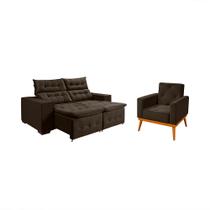 Kit Sofá Bari Retrátil Reclinável 1,90m Pillow + Poltrona Florença Sala Conforto Extra - Café Veludo