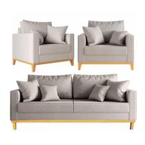 Kit Sofá Beny 180cm + 2 Poltronas Base de Madeira Linho