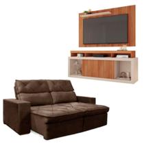 Kit Sofá Cheer Solar 3 Lugares Com Rack Painel New Oscar Marrom/freijo/off White