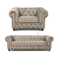Kit Sofá Chesterfield Bege 210cm 3 Lugares + Poltrona Sala 120cm