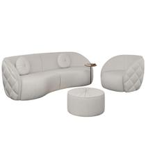 Kit Sofá Curvo E Poltrona Puff Bouclé Branco Euphoria