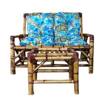 Kit Sofá De Bambu 2 Lugares Com Almofadas Área Floral Azul - Compree