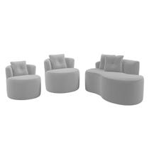 Kit Sofá e 02 Poltronas Orgânicas Living Bob com Almofadas Bouclê Cinza Claro - Desk Design