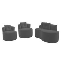 Kit Sofá e 02 Poltronas Orgânicas Living Bob com Almofadas Bouclê Cinza Escuro - Desk Design