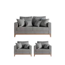 Kit Sofá e 2 Poltronas Decorativa Beni 1,60cm Beni Base Madeira Linho Cinza - Montanaris Decor Kit Sofá e 2 Poltronas Decorativa Beni 1,60cm Beni Base Madeira Linho Cinza - Montanaris Decor