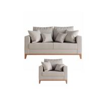 Kit Sofá e Poltrona Decorativo Beni 1,60cm Beni Base Madeira Linho Bege - Montanaris Decor Kit Sofá e Poltrona Decorativo Beni 1,60cm Beni Base Madeira Linho Bege - Montanaris Decor