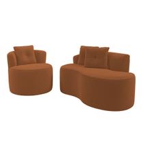 Kit Sofá e Poltrona Orgânica Living Bob com Almofadas Bouclê Terracota - Abmaza