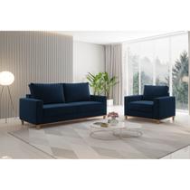 Kit Sofá Living 3 Lugares 1,80M Poltrona Veludo Alpino Azul Kit Sofá Living 3 Lugares 1,80M Poltrona Veludo Alpino Azul