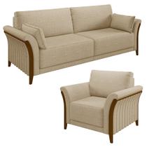 Kit Sofá Living 3 Lugares e Poltrona 102cm Pés Madeira Roya M22 Linho Bege - Mpozenato