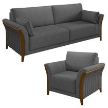 Kit Sofá Living 3 Lugares e Poltrona 102cm Pés Madeira Roya M22 Linho Cinza Escuro - Mpozenato
