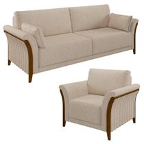 Kit Sofá Living 3 Lugares e Poltrona 102cm Pés Madeira Roya M22 Linho Cru - Mpozenato Kit Sofá Living 3 Lugares e Poltrona 102cm Pés Madeira Roya M22 Linho Cru - Mpozenato