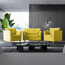Kit Sofá Namoradeira e 02 Poltronas Para Sala Decorativa Isis Suede Amarelo Visan Estofados