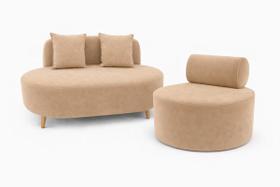 Kit Sofá Orgânico Feijão Para Sala Quarto 115 Cm 02 Almofadas e Poltrona Orgânica Decorativa Flora Suede Bege Do Lar