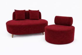 Kit Sofá Orgânico Feijão Para Sala Quarto 115 Cm 02 Almofadas e Poltrona Orgânica Decorativa Flora Suede Bordo