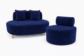 Kit Sofá Orgânico Feijão Para Sala Quarto 115 Cm 02 Almofadas e Poltrona Orgânica Decorativa Flora Veludo Azul Marinho