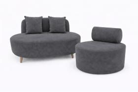 Kit Sofá Orgânico Feijão Para Sala Quarto 115 Cm 02 Almofadas e Poltrona Orgânica Decorativa Flora Veludo Cinza Grafite