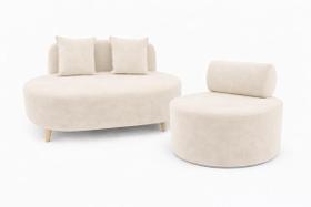 Kit Sofá Orgânico Feijão Para Sala Quarto 115 Cm 02 Almofadas e Poltrona Orgânica Decorativa Flora Veludo Off White