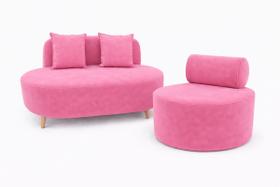 Kit Sofá Orgânico Feijão Para Sala Quarto 115 Cm 02 Almofadas e Poltrona Orgânica Decorativa Flora Veludo Rosa Do Lar